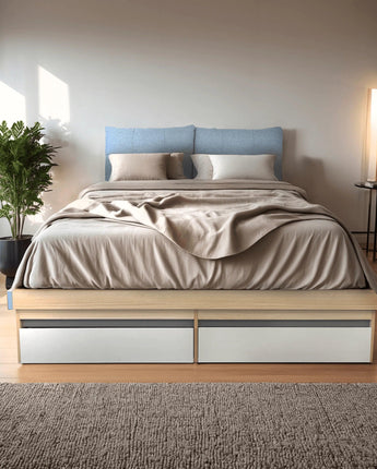 Vico Storage Bed frame with 2 underbed drawers 7 underbed boxes cushioned headboard, Queen