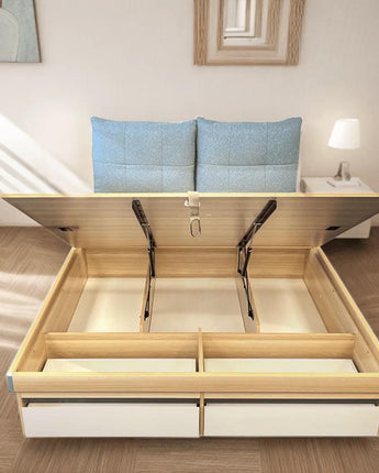 Vico Storage Bed frame with 2 underbed drawers 7 underbed boxes cushioned headboard, Queen